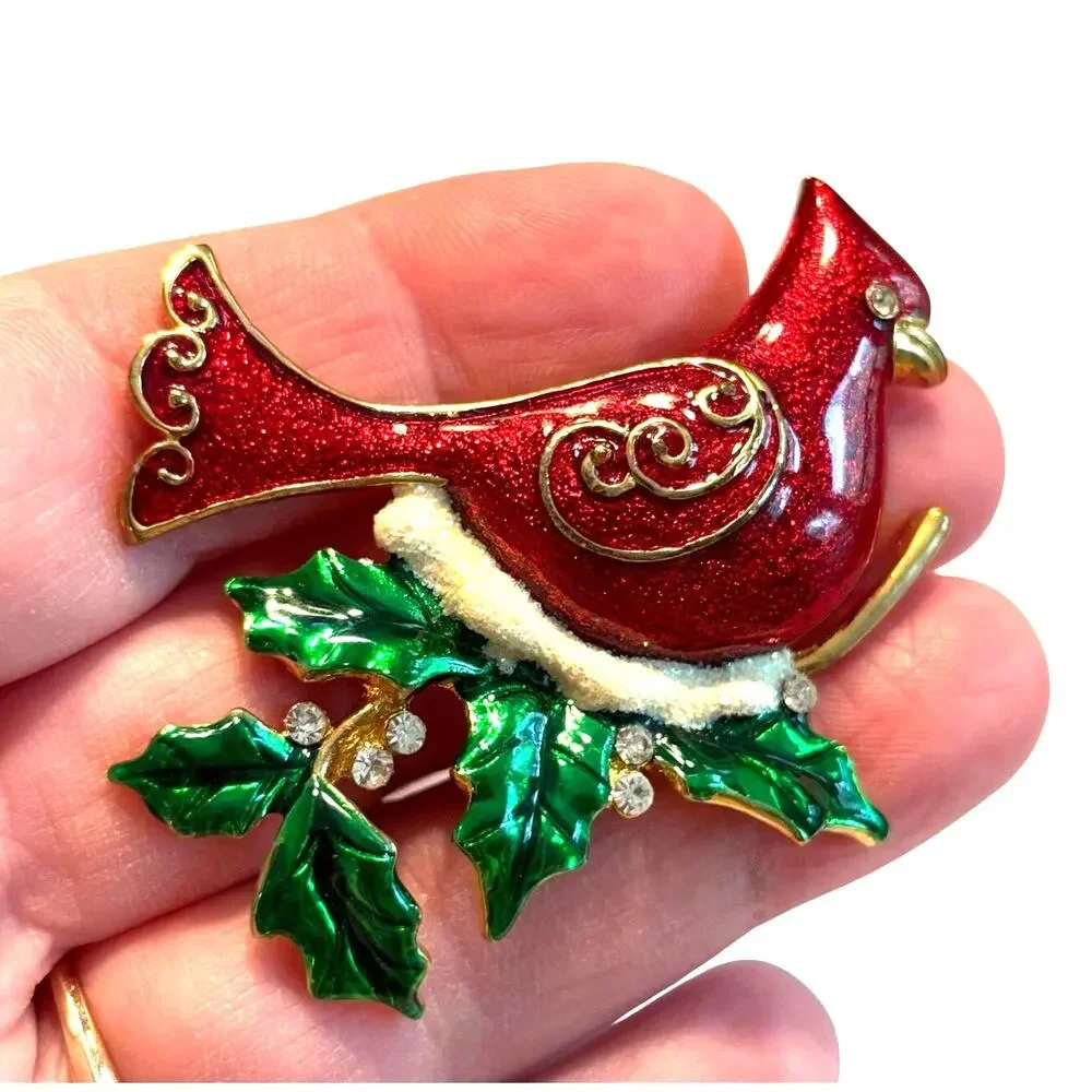 Vintage Christmas brooch festive red enamel Cardinal holiday pin KC hallmark
